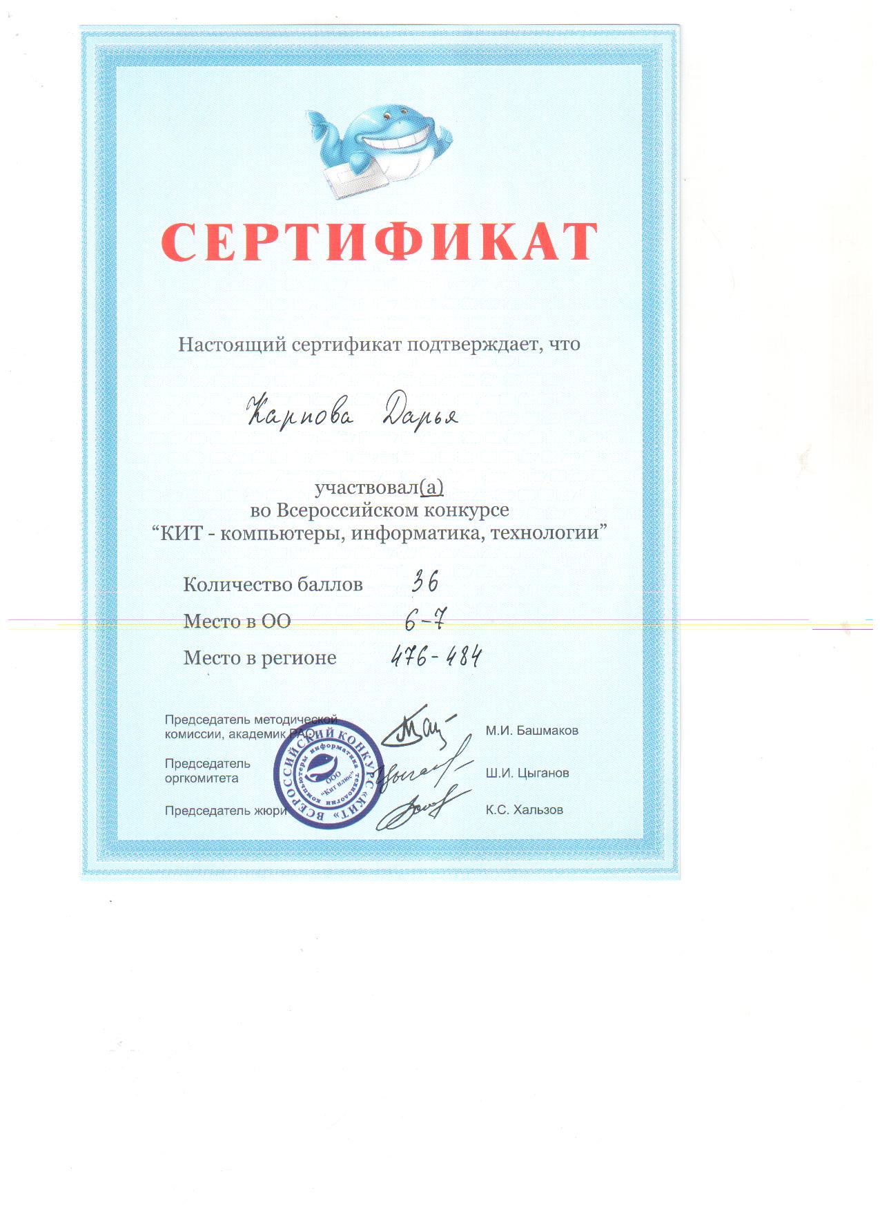 Сертификат "Кит"